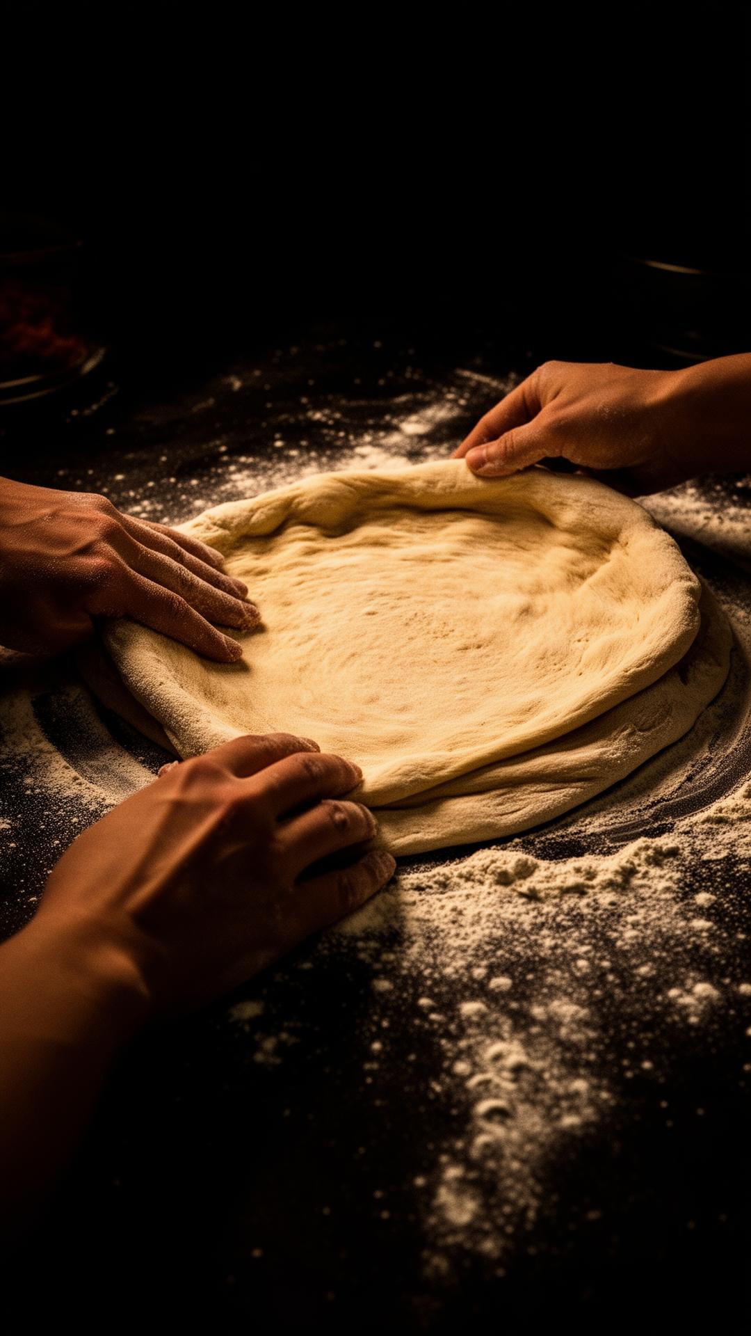 Hands stretching artisan pizza dough